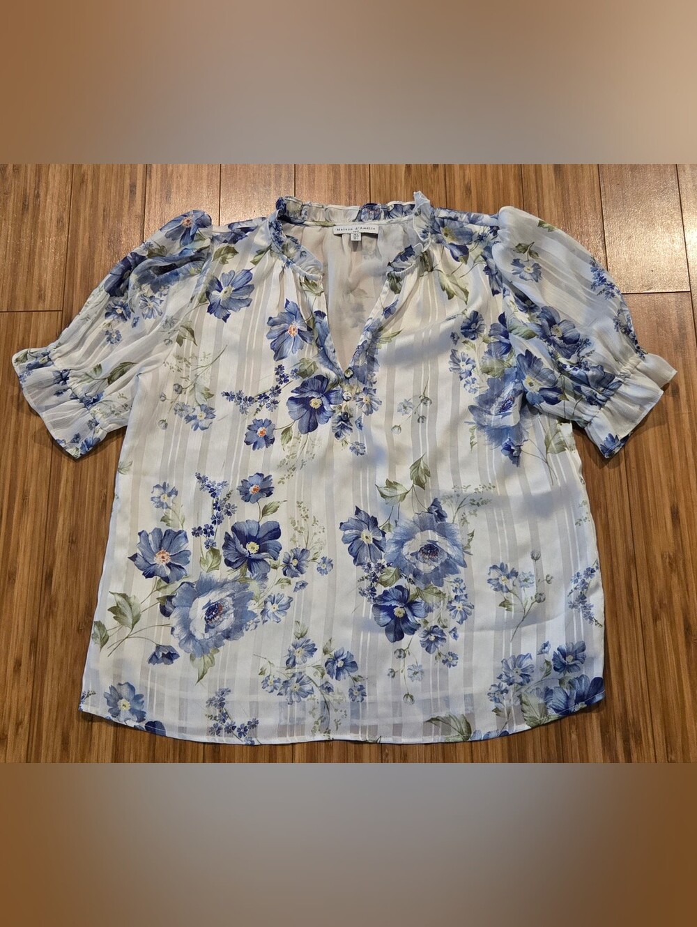 Maison D'amelie Sheer Floral V-Neck Puff Sleeve Blouse in Blue and White